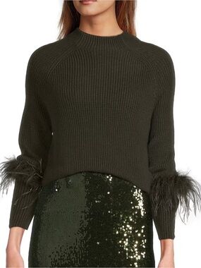 ANTONIO MELANI Tilly Wool Blend Mock Neckline Ostrich Feather Trim Sweater XL
